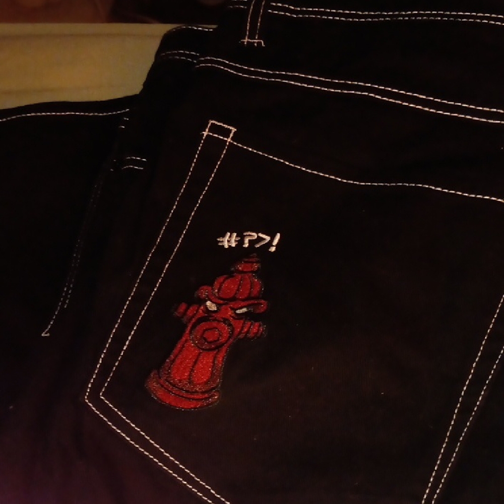 Empyre Black Jean Shorts with Red Fire Hydrant Embroidery